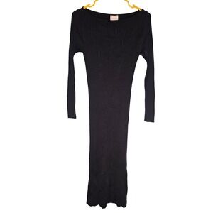 HM Black Ribbed Knit Midi Dress Long Sleeve Boat Neck Medium NEW Bodycon Chic